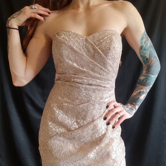 Long Strapless Lace Dress with Sweetheart Neckline - Picture 7 of 15